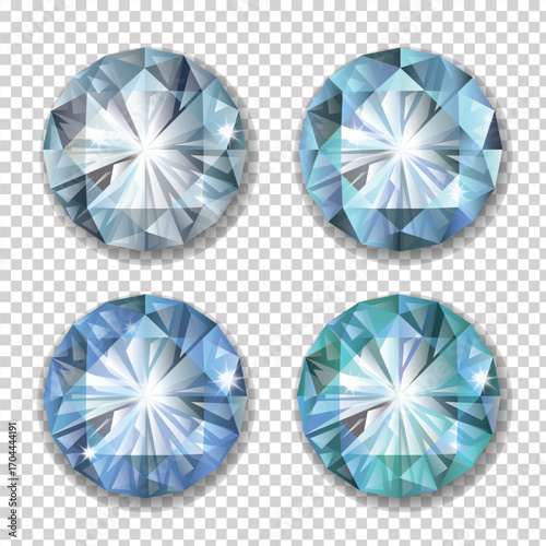 Set of realistic light blue gemstones, Aquamarine, Blue Topaz, Sky Blue Zircon, isolated on transparent background, Vector EPS Illustration