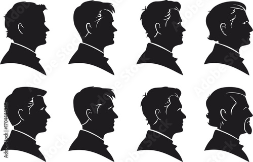 Silhouetted Men Profile Heads with Varying Hair Styles and Facial Hair