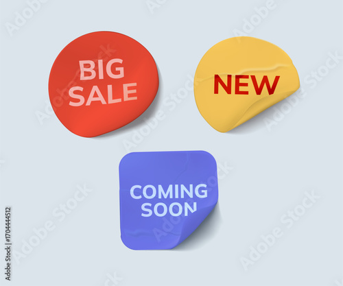 Stickers set with big sale, new, special offer, coming soon banners. Color ribbons, tags and stickers. Discoint best