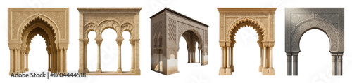 Moorish architectural arches set including single, multiple, carved, and corner elements isolated. Islamic design and historical decor collection.
