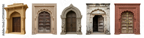Ornate Indian door set including intricately carved sandstone archways, rustic wooden gates, and weathered stone entrances isolated. Ancient architecture collection.
