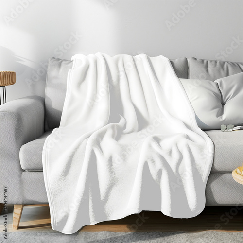 Comfortable white blanket draped casually over a modern grey sofa, creating a cozy and inviting scene