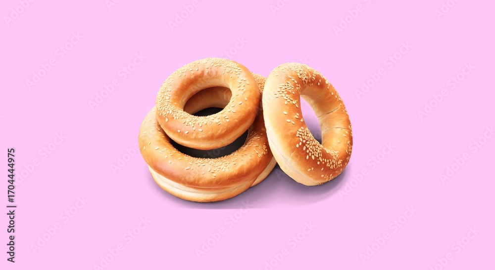 Fototapeta premium Stacks of warm simit bread rings on bustling Turkish streets, inviting with their nutty sesame crust.