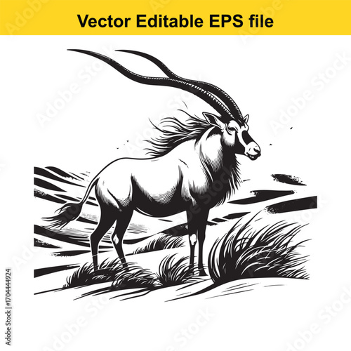 Vector art of oryx antelope standing in a dry grassy savanna, vector illustration