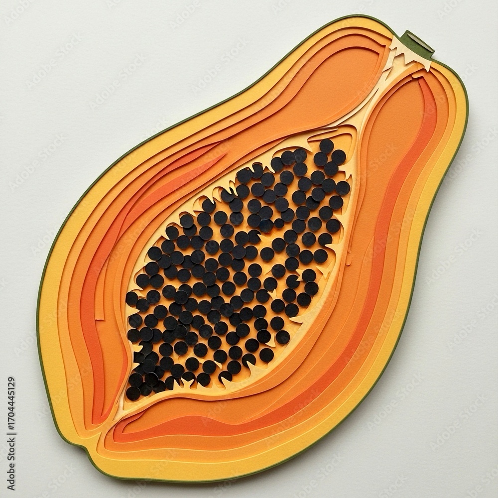Fototapeta premium Paper-cut papaya with layered orange pulp and black seeds