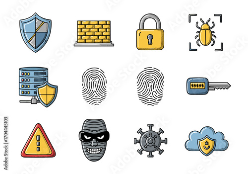 Set of 10 cybersecurity icons in hand drawn doodle style. Vector illustration with shield, firewall, encrypted lock, bug scan, server protection, fingerprint, password key, hacker mask, malware alert
