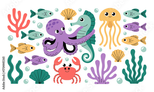 Cute Underwater Animals Vector Set Octopus, Seahorse, Jellyfish, Fish, Crab, Seaweed and Shells, easily editable and scalable.