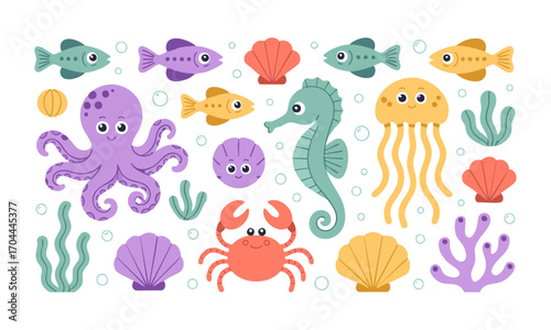 Cute Underwater Animals Vector Set Octopus, Seahorse, Jellyfish, Fish, Crab, Seaweed and Shells, easily editable and scalable.