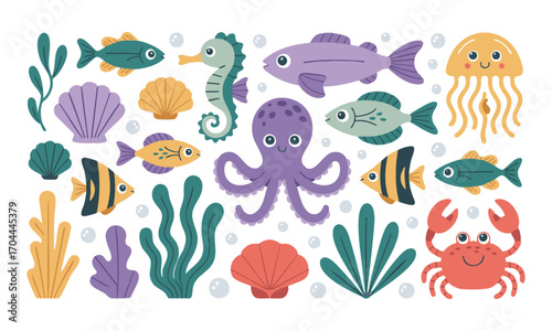 Cute Underwater Animals Vector Set Octopus, Seahorse, Jellyfish, Fish, Crab, Seaweed and Shells, easily editable and scalable.