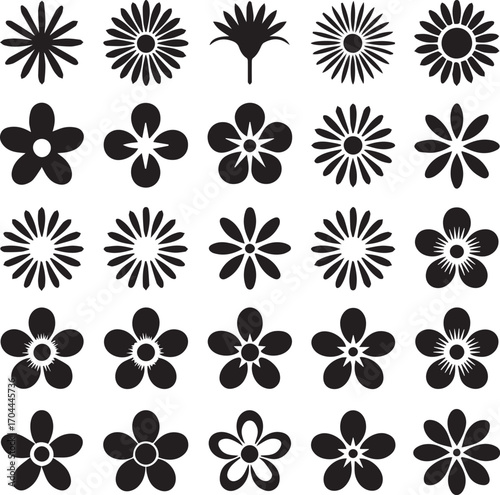 vector floral flower icons set 25 black silhouette designs for graphic design decoration pattern and botany illustration