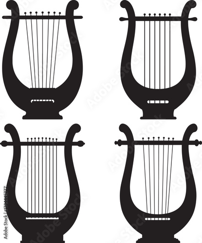 Four diverse ancient lyre musical instruments in a clear black silhouette
