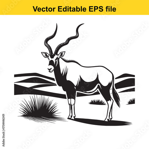 Vector art of black and white illustration of a majestic antelope standing in a savanna landscape