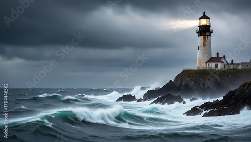 Majestic lighthouse stands tall on rocky cliff guiding ships through stormy seas with powerful beam of light
