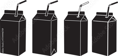 Four tall black juice boxes with straws in silhouette