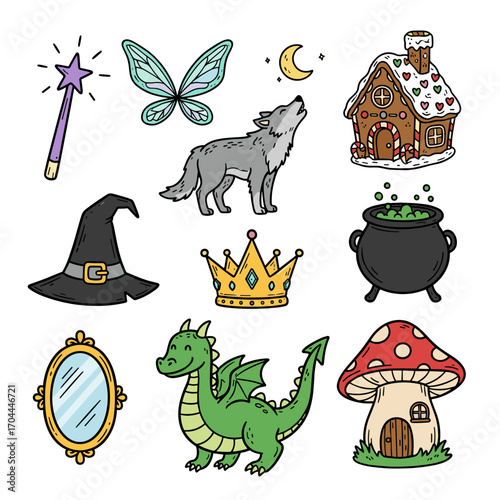 Set of 10 folklore icons in hand drawn doodle style. Vector illustration with magic wand, fairy wings, wolf, gingerbread house, cauldron, witch hat, crown, enchanted mirror, dragon, mushroom house