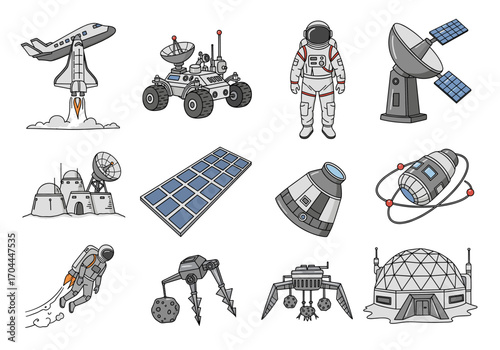 Set of 10 space technology icons in hand drawn doodle style. Vector illustration with space shuttle, rover, astronaut suit, satellite dish, moon base, solar panel wing, space capsule, jetpack