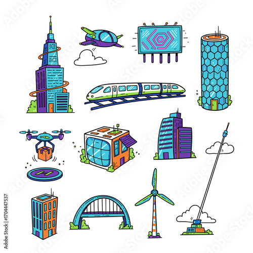 Set of 10 future city icons in hand drawn doodle style. Vector illustration with skyscraper, flying car, monorail, neon billboard, solar panel tower, drone delivery, smart house, sky bridge, wind turb