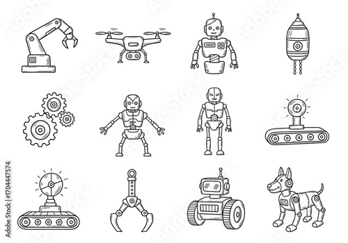Set of 10 robotics icons in hand drawn doodle style. Vector illustration with robotic arm, drone, humanoid robot, gear system, sensor, exoskeleton, conveyor belt, mechanical claw, wheel bot, robot dog