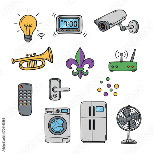 Set of 10 smart home icons in hand drawn doodle style. Vector illustration with smart bulb, thermostat, security camera, smart speaker, WiFi router, door lock, TV remote, washing machine, fridge, fan