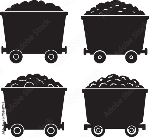Four black coal mine cart silhouettes filled with coal silhouette