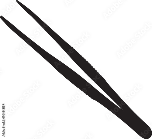 Black silhouette of a pair of fine tipped tweezers on a white background