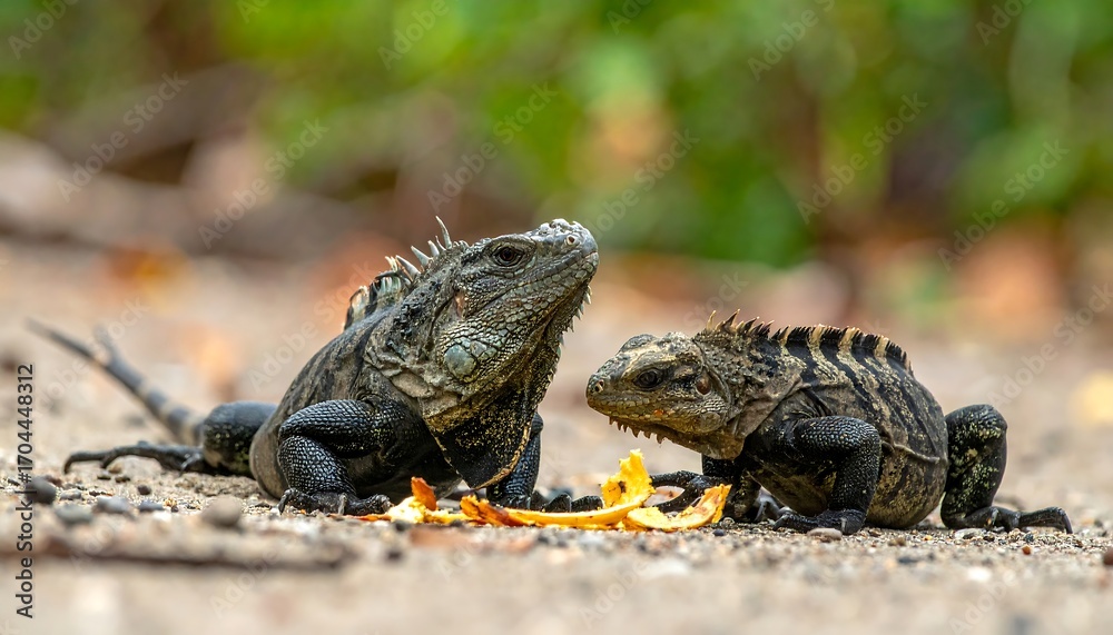 Fototapeta premium Two spiky lizards, one larger, examine fruit scraps on a sandy forest floor with out-of-focus foliage