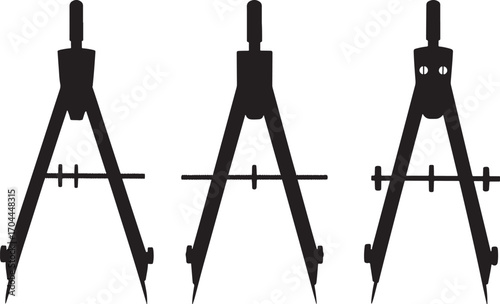 Three black drafting compasses arranged in a row silhouette