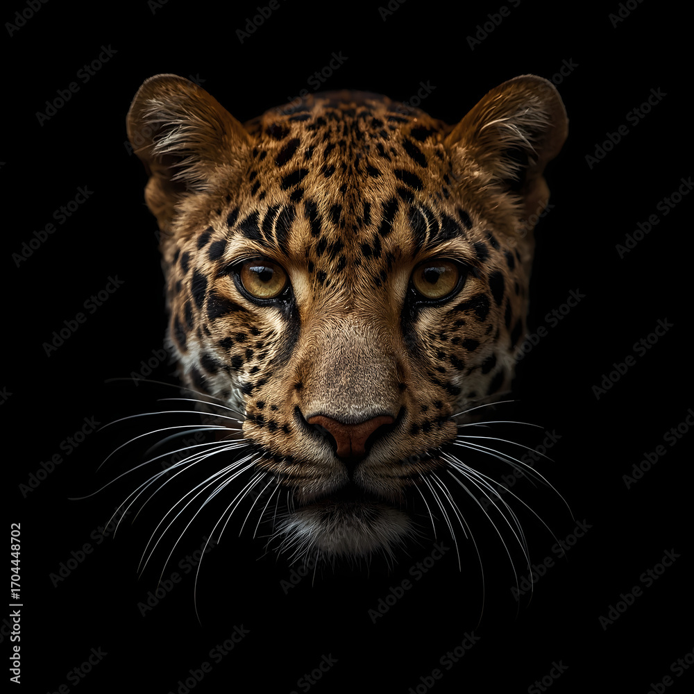 Obraz premium Majestic Leopard Close-Up Portrait on Black Background – Powerful Gaze of Wild Big Cat in High Detail