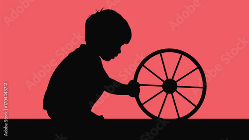 Child's silhouette playing with a toy wheel, symbolizing dreams, imagination, and youthful innocence