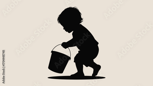 Adorable toddler silhouette carries bucket, embodying childhood innocence and playful exploration beautifully