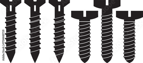 Collection of six black wood screws in silhouette against a white background