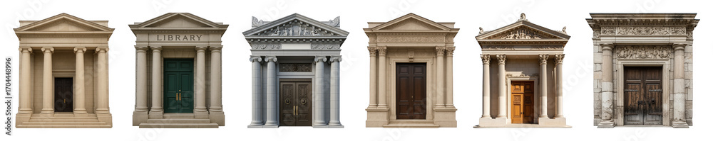 Fototapeta premium Classical building entrance set including pediments, columns, carved details, and various wooden doors isolated. Historic architectural elements.