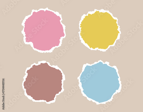 Torn piece of paper isolated circle shape. Piece of paper with a torn edge. Cute colors geometric shape with a white torn edge.