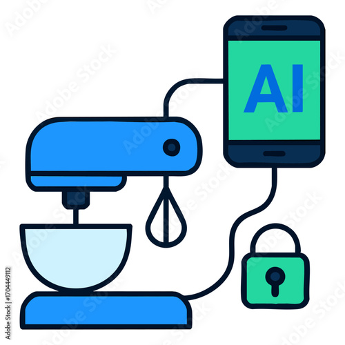 AI in Kitchen with Smart Robot Controlled by Mobile App – Vector Illustration