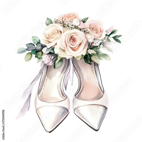 Vintage watercolor illustration of elegant bridal shoes adorned with soft pink roses and greenery, perfect for rustic wedding themes and floral design concepts with copy space