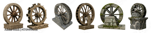 Water wheel set including stone, wooden, mossy, and weathered designs isolated. Ancient and historical elements.