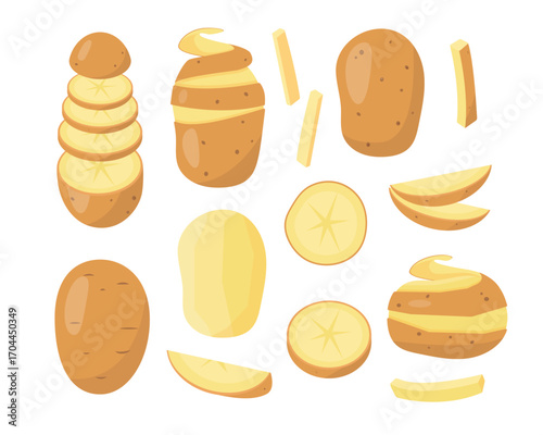 Fresh potato in skins and peeled potato. Whole and cut organic potatoes tubers with pieces. Cook ingredients. Organic healthy vegetarian food. Vector icon illustration isolated on white background.