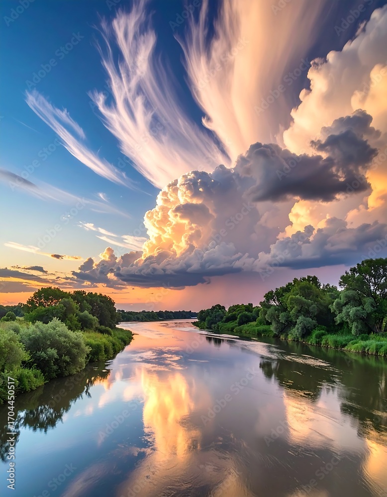 Obraz premium Scenic river at sunset with dramatic clouds