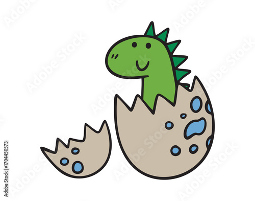 Cute dinosaur or dino hatches from broken egg. Cartoon green hand drawn doodle cute dinosaur simple childish sketch style. dinosaur icon, print design for baby, kids