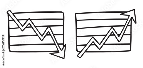 infographic chart fall and rise business up and down arrow icon doodle hand drawn. Outline line drawing clipart symbol business bust and boom 