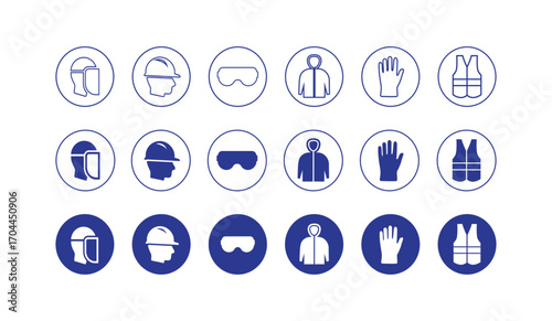PPE personal protective equipment vector icon set with Blue outline style, silhouette version for industrial safety, protective gear, hazard prevention icons based on OSHA norms	