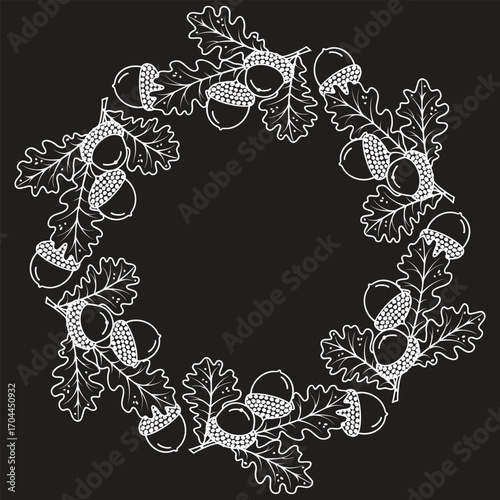 Line art frame of acorns and oak leaves. Floral wreath of graphic plants. White outline on gray background. Border with copy space. Print on fabric and paper. Vector design for autumn season.