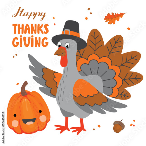 Happy thanksgiving  greeting card with cartoon turkey and pumpkin. Cute character in a hat, with colorful tail and wings. Orange,brown and grey colors on white background. Vector flat illustration.