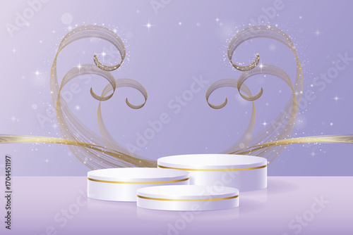 Purple round podiums on purple background with glitters, luxury gold elements and stardust for presentations, demonstrations and advertising. Premium purple podium mockup, Vector (EPS) illustration