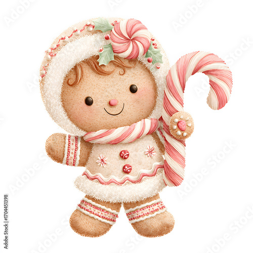 Cute gingerbread doll illustration with candy cane, holiday Christmas cookie character decorated with icing, peppermint, holly and festive details for winter celebration design projects