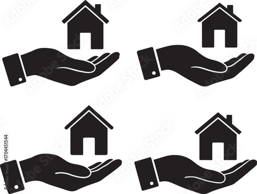 Four black hand silhouettes holding small house icons in a grid silhouette