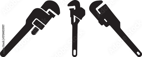 Three distinct pipe wrench tools shown in a clean black silhouette
