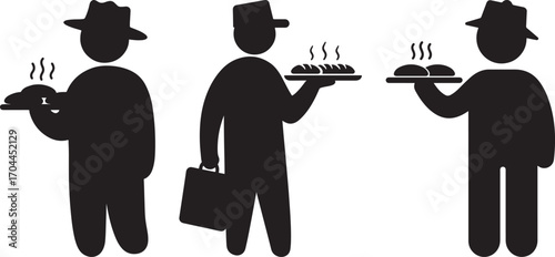 Three stylized figures in silhouette carrying food and drinks silhouette
