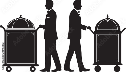 Two elegant bellhops in silhouette pushing hotel luggage carts with covered trolleys