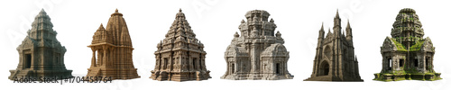 Ancient architectural structures set including temples, sacred sites, and overgrown ruins isolated. Historical and fantasy building collection.